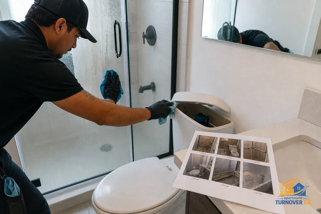 Bathroom turnover detail in an LA unit showing glass descaling, fixture polish, and documentation photos on the vanity