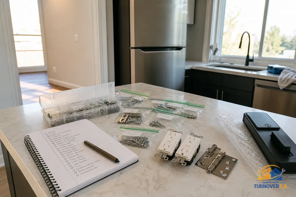 Organized rental maintenance punch list with labeled parts, GFCI outlets, hinges, and a smart lock ready for installation in a West Hollywood unit