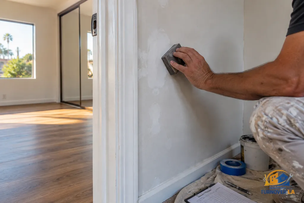 Drywall patch sanding before repainting an LA rental apartment bedroom