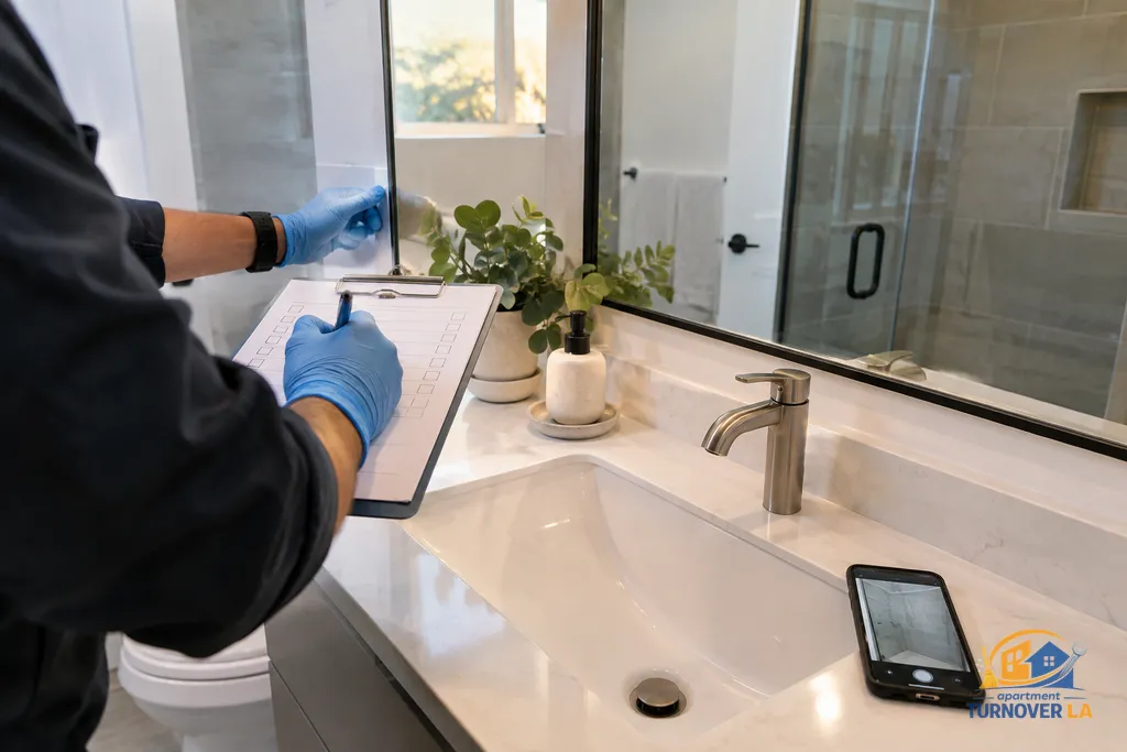 Bathroom turnover cleaning verification checklist with condition photos in an LA apartment