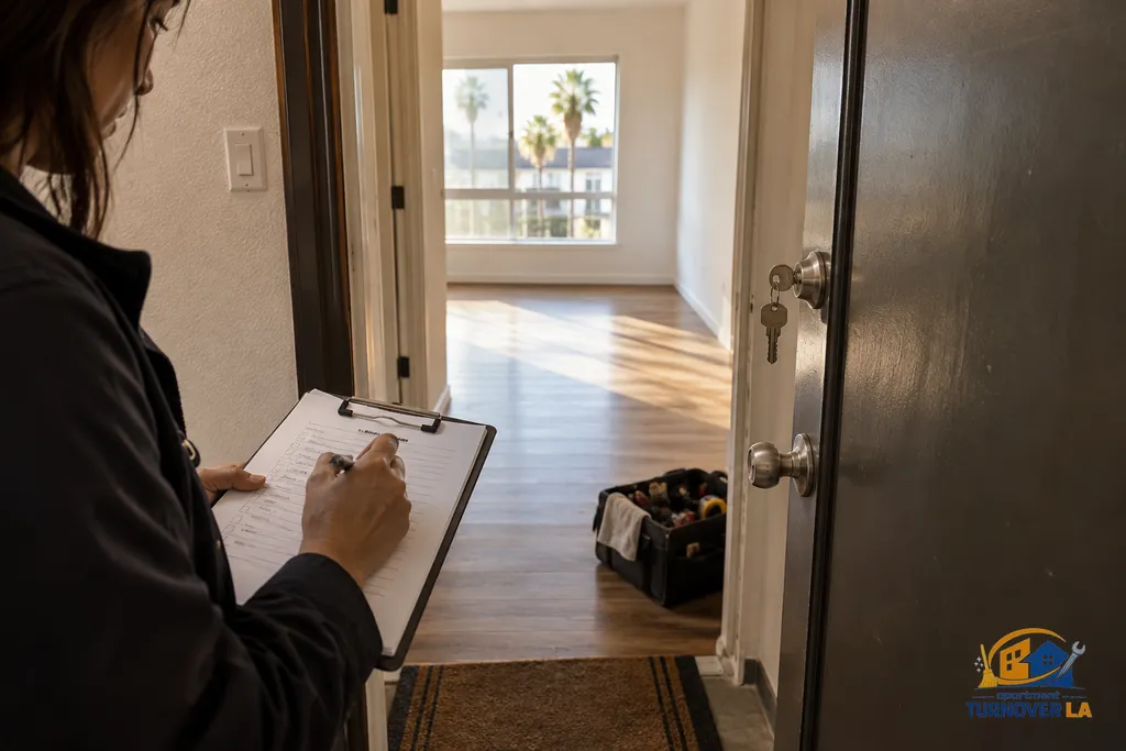 Lock inspection and condition notes during a Los Angeles apartment turnover