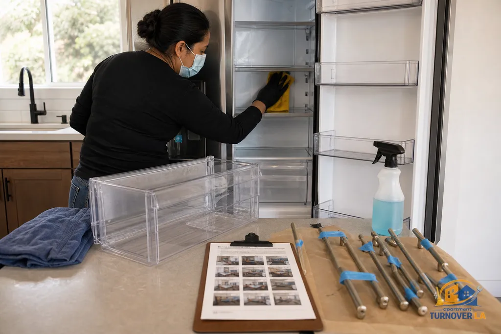 Pro cleaner detailing inside a fridge with a checklist clipboard on the counter in a compact Los Angeles kitchen during move-out
