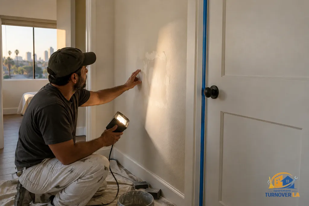 Drywall patch inspection before interior repainting in an LA rental bedroom