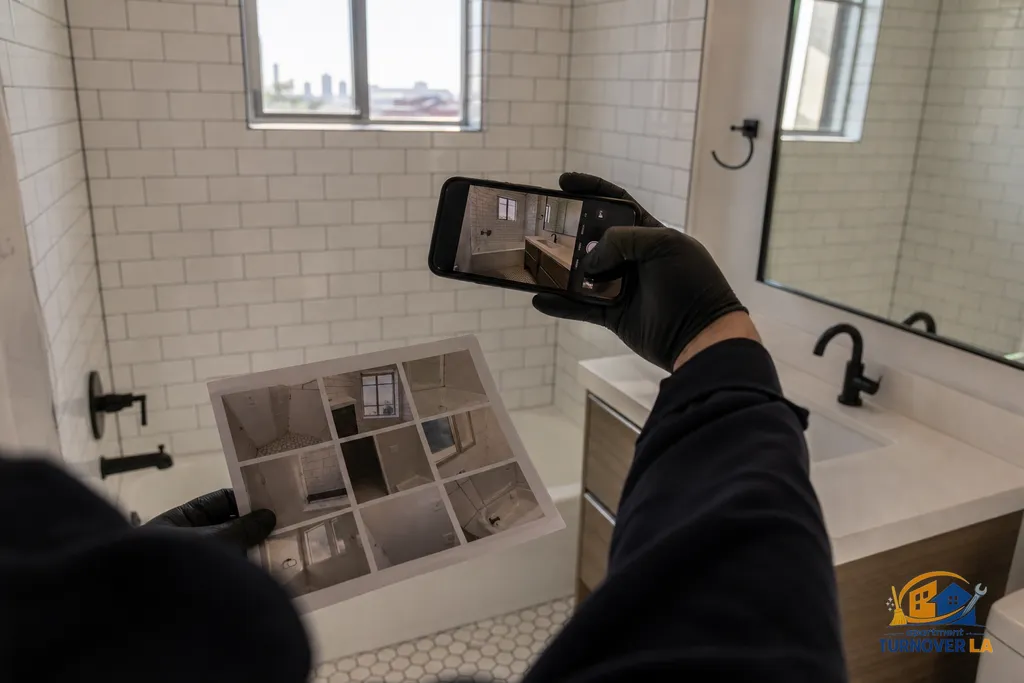 Bathroom documentation during turnover with a phone capturing fixtures and grout as part of a 12-point photo report
