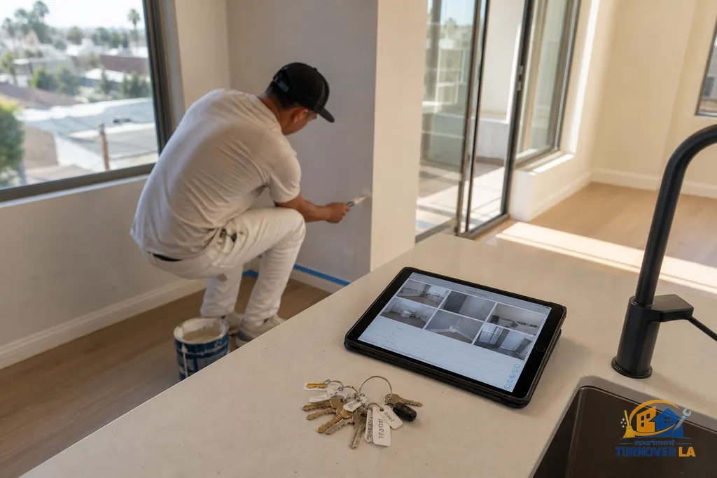 Painter touching up an interior wall near taped baseboards in an LA apartment with a rekey set and photo checklist nearby
