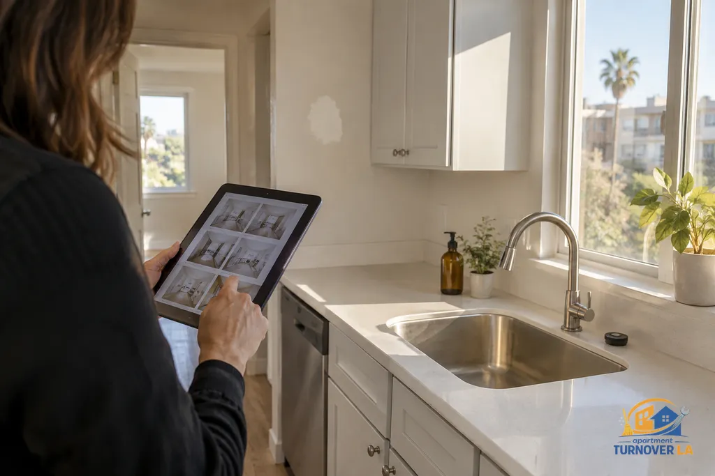 Rental listing media planning after kitchen cleaning and apartment turnover work