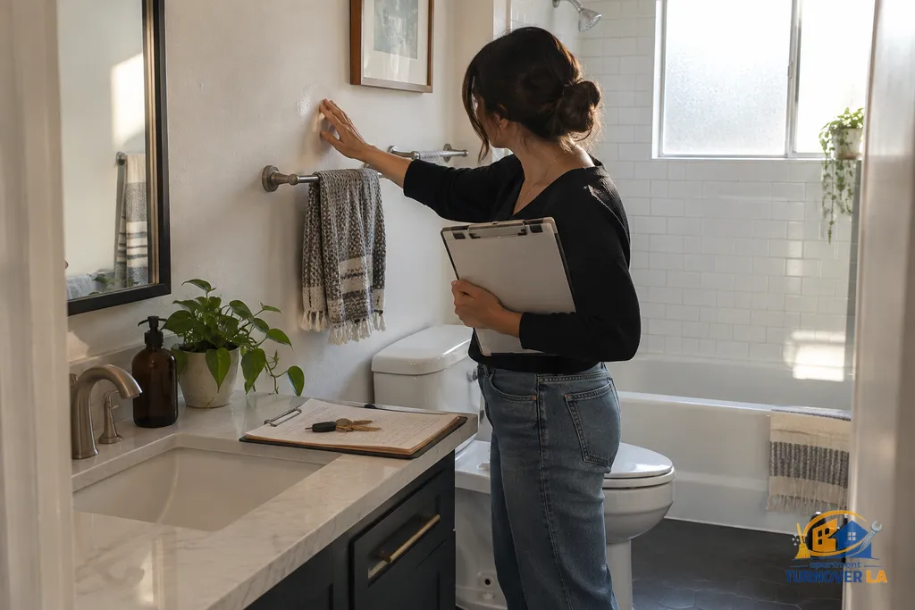 Turnover inspection checking a bathroom repair in a Los Angeles rental apartment