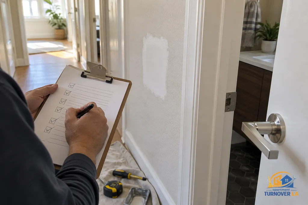 Apartment handyman punch list beside completed rental repairs in Los Angeles