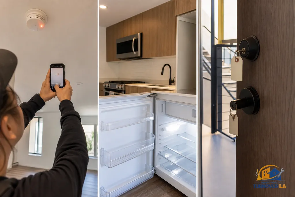 Make ready documentation details with safety check, inside-appliance cleaning, and rekeyed locks on a West Hollywood apartment door