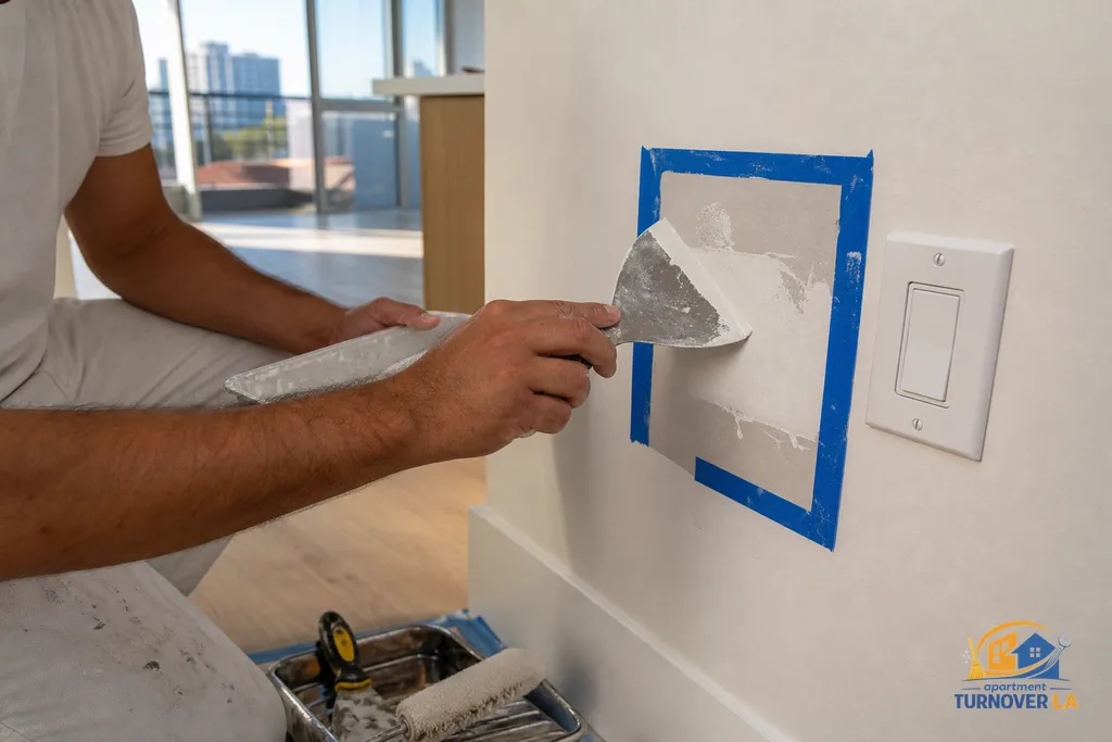 Hand finishing a small drywall patch near a switch plate with tools laid out, during an LA apartment turnover