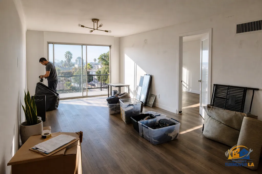 West Hollywood 1BR cleanout staged by category with a checklist ready before make-ready cleaning and paint touch-up