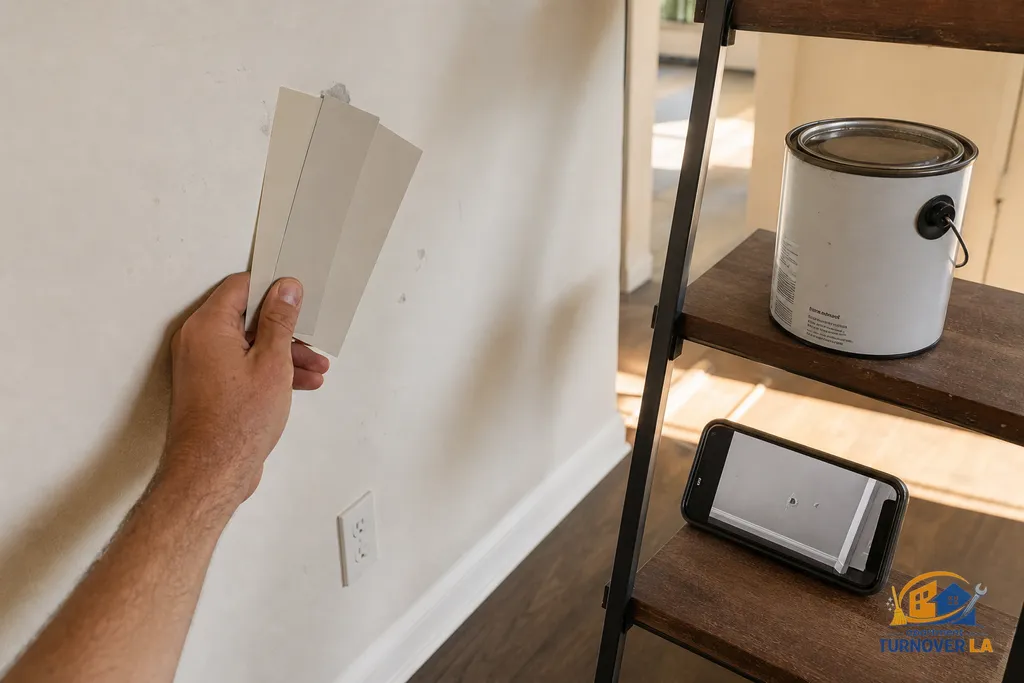 Wall condition check with paint swatches and labeled touch-up can during an LA move-out inspection