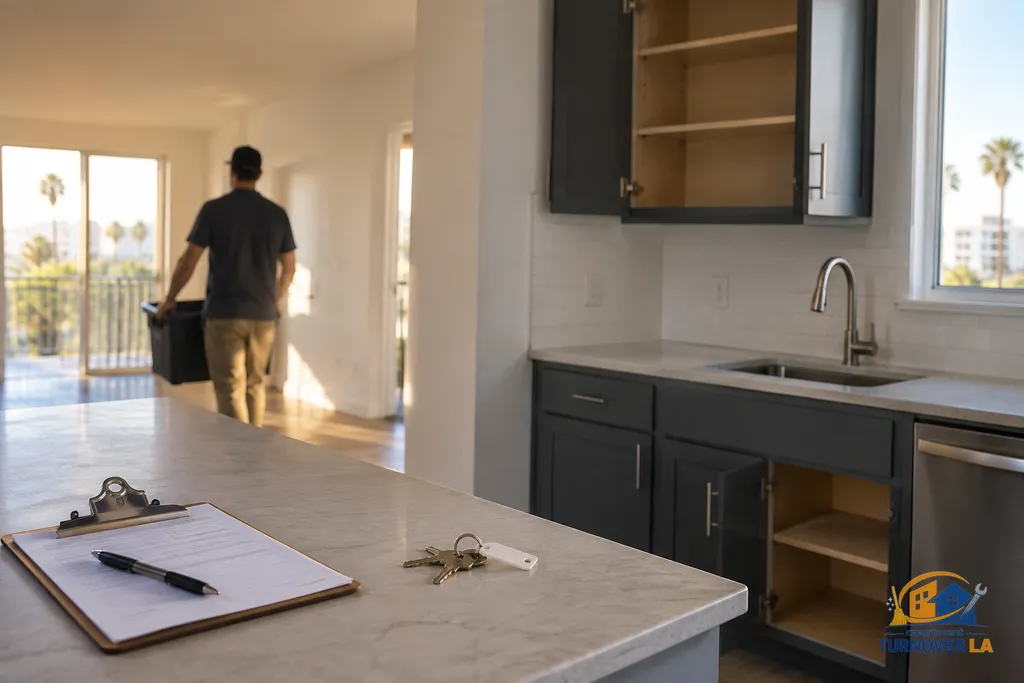 Cleared rental kitchen after a Los Angeles apartment junk haul and turnover inspection