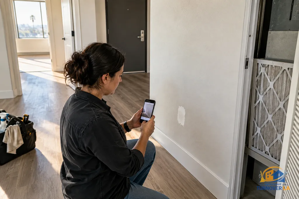 Apartment turnover inspection details including drywall repair and rekeyed door in LA