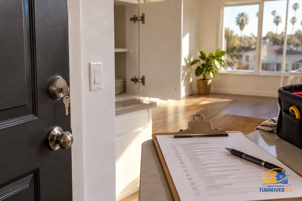 Apartment turnover punch list beside a rekeyed lock and repaired cabinet in Los Angeles