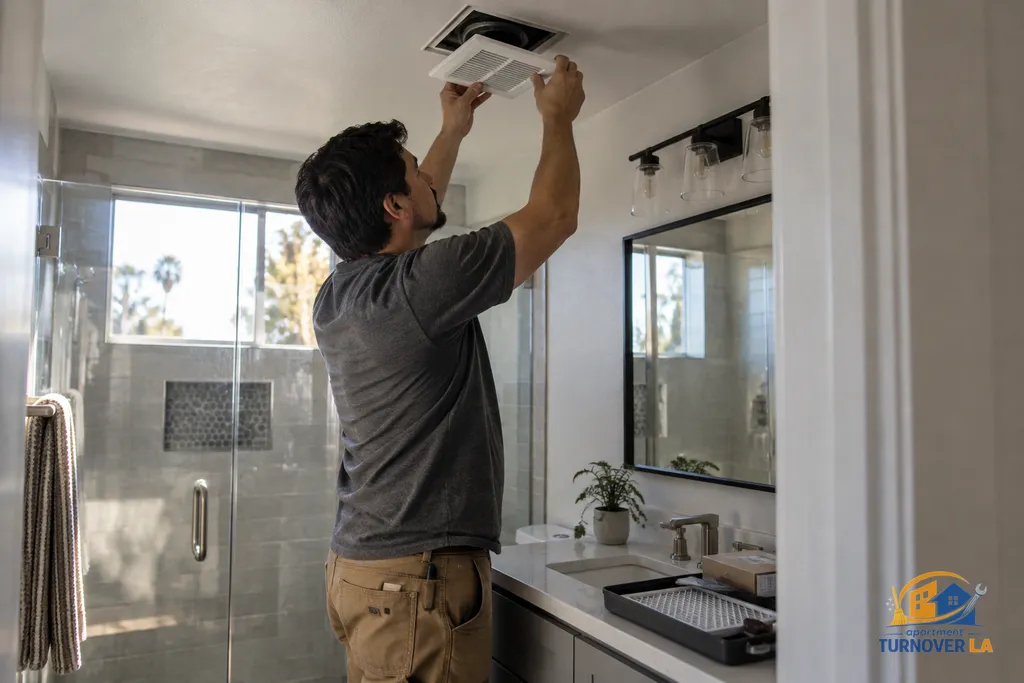 Apartment turnover maintenance inspection with bathroom repair and replacement parts