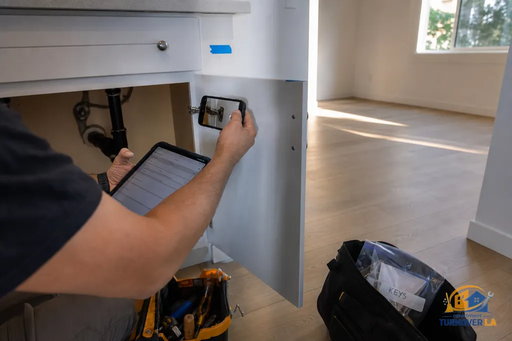 Property manager checking items on a tablet turnover list while documenting a hinge repair in an LA rental unit