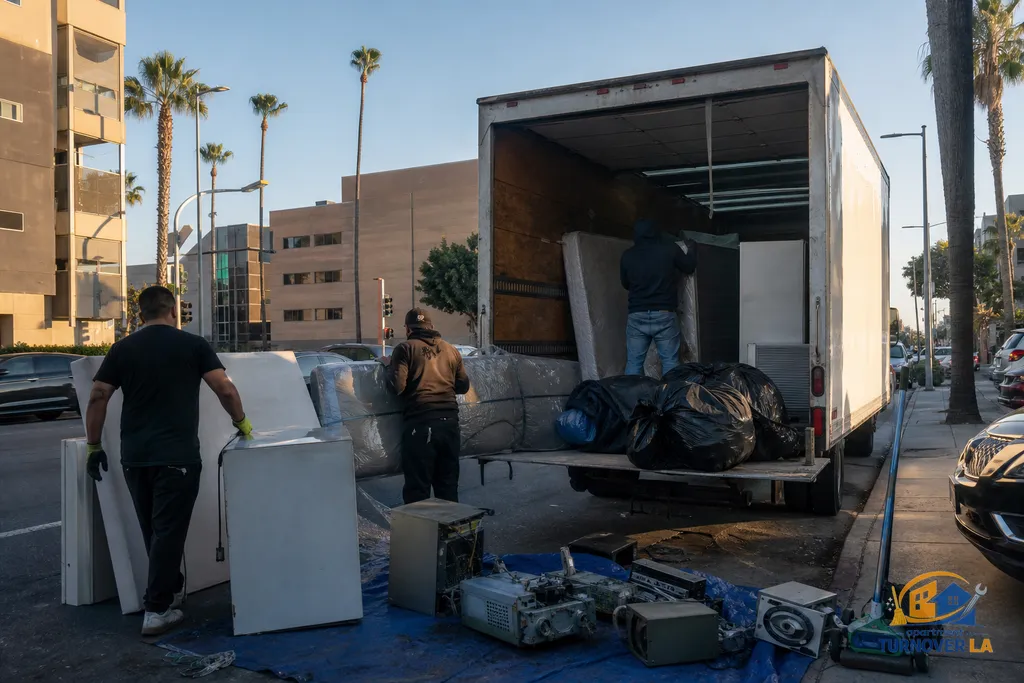 LA curbside junk haul with mattresses and a compact fridge separated for disposal during an apartment cleanout in Koreatown
