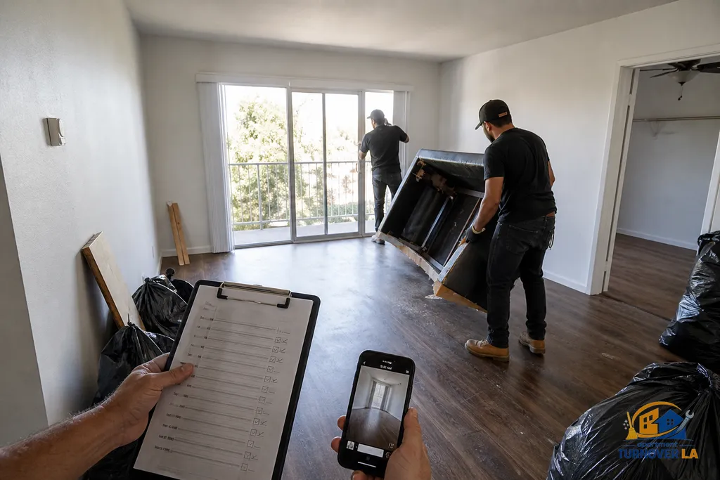 Crew clearing a Hollywood one-bedroom, bagging debris and photographing the space to document a rental cleanout for deposit deductions