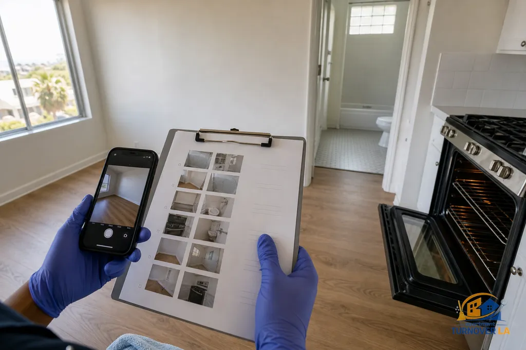 Cleaner documenting a 12-point photo checklist in an empty LA one-bedroom showing clean oven, bright grout, and wiped baseboards