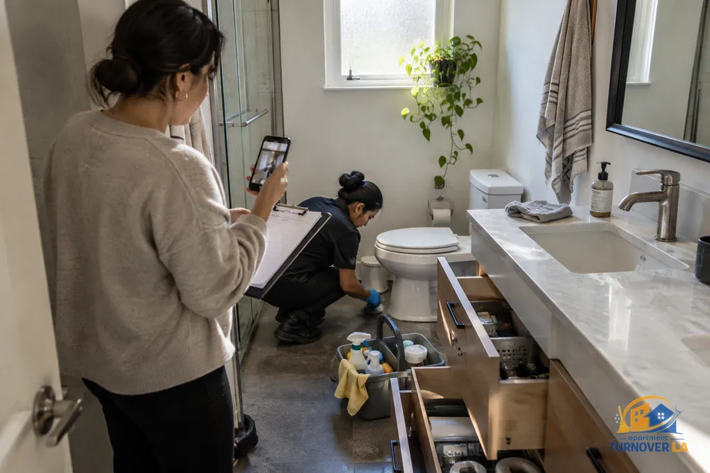 Move-out deep cleaning inspection of a Los Angeles apartment bathroom and checklist