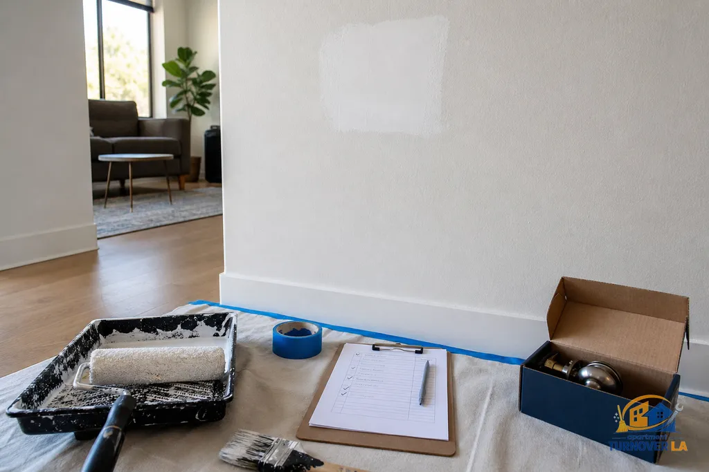 Small drywall patch and paint touch-up staged with a clipboard punch list and new door knob in a West Hollywood apartment
