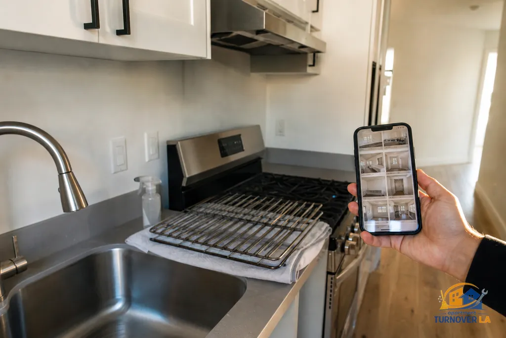 Degreased LA apartment kitchen with drying oven racks and a phone showing a 12-point photo report from a move out cleaning