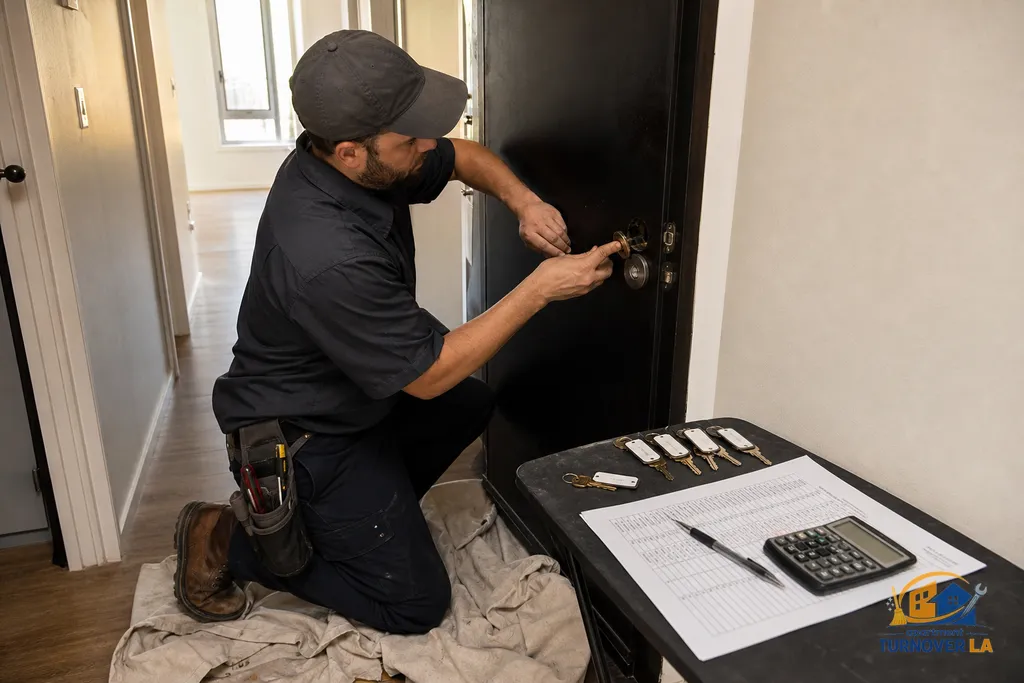 Rekey service at a Westwood apartment door with a turnover worksheet and calculator on a small table