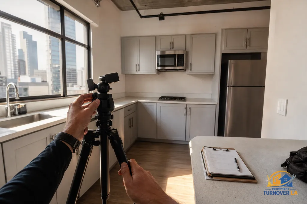 Tripod setup in a compact DTLA studio kitchen with clean counters and fresh cabinet touch-up for a rental photo shoot