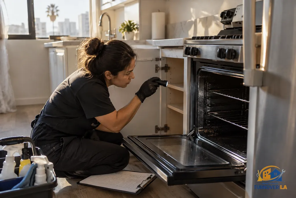 Detailed oven and cabinet inspection during an LA apartment move out clean
