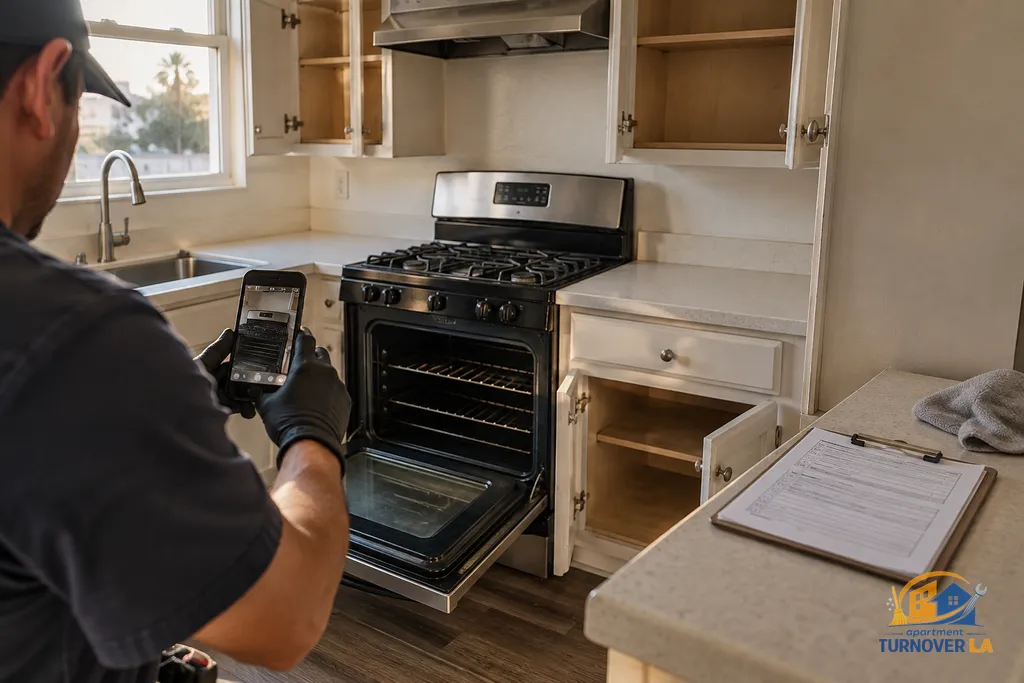 Cleaned oven and cabinet inspection during an LA apartment turnover