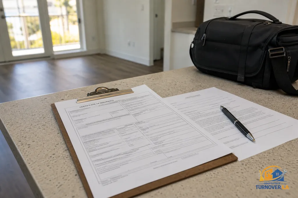 Certificate of insurance and property release paperwork laid out on a kitchen island before a small residential shoot in LA