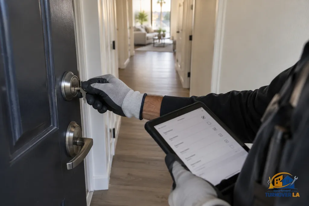 Final lock and condition check during a Los Angeles apartment turnover