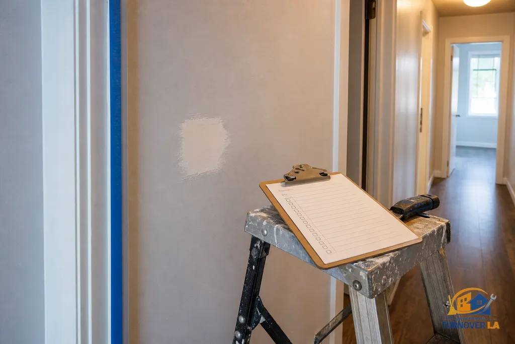 Drywall patch blended before touch-up paint in an LA apartment hallway, trim taped and tools staged for a quick turnover