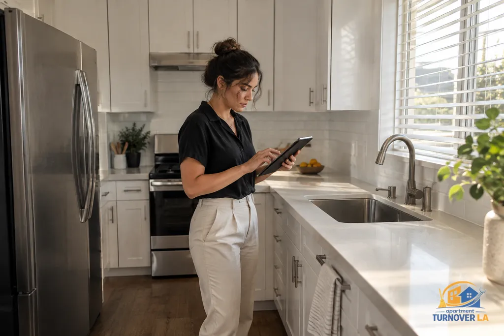 Property manager checks a rental listing photo plan in a cleaned LA apartment kitchen