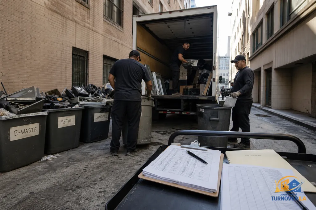 Back alley staging for a Downtown LA junk haul with sorted materials, a box truck, and a signed freight elevator reservation sheet