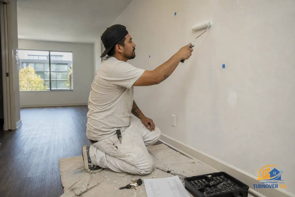 Touch-up paint and drywall patch during LA apartment make ready with rekey kit and scope sheet on drop cloth
