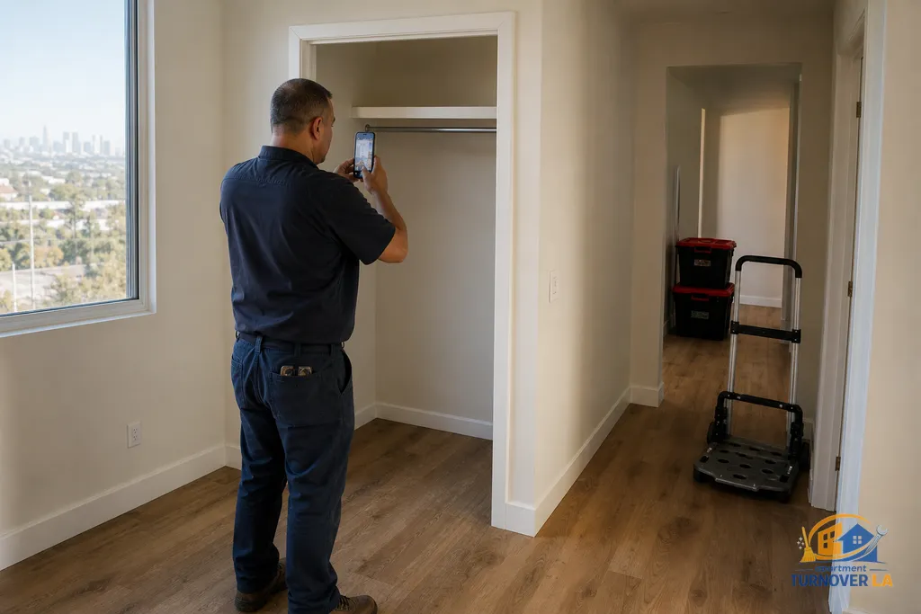 Super capturing a turnover photo report in an emptied LA 1BR, closets open and hallway dolly nearby