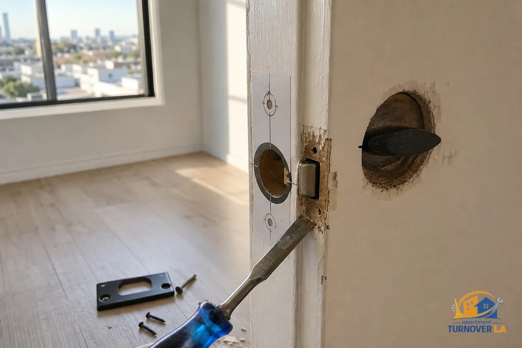 Close view of an older Los Angeles apartment door edge with strike alignment marks and smart lock template during installation