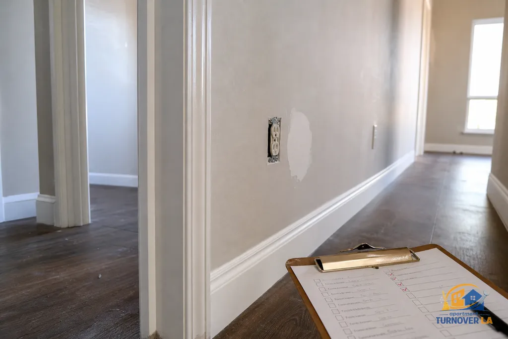 Detail of LA apartment hallway repaint with crisp trim lines, drywall patch ready for paint, and a turnover checklist clipboard