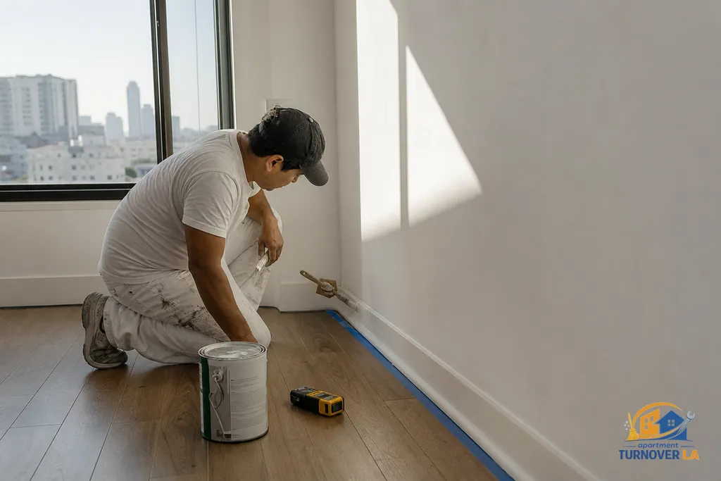 Painter cutting in along baseboard with taped trim in a Koreatown apartment, showing detail work that affects repaint time