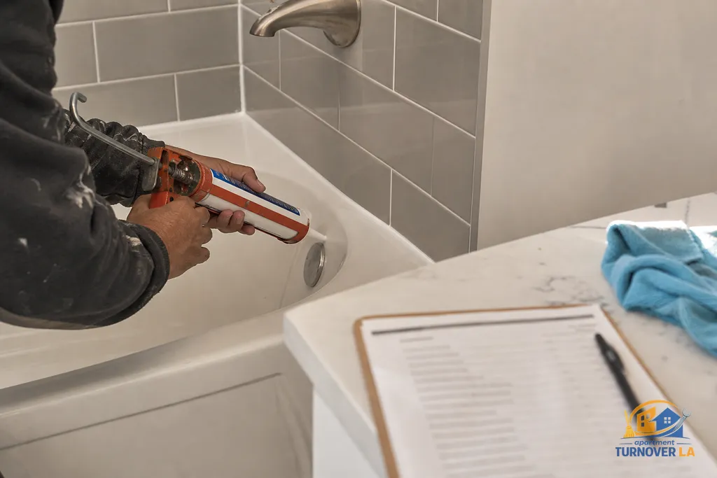 Refreshing tub caulk and descaling fixtures during an LA apartment make ready maintenance and cleaning visit