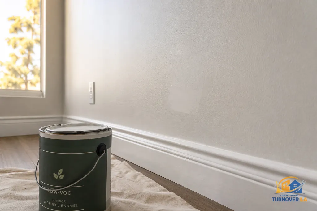 Close-up of eggshell wall repaint with smooth drywall patch and crisp baseboard in a Los Angeles rental turnover