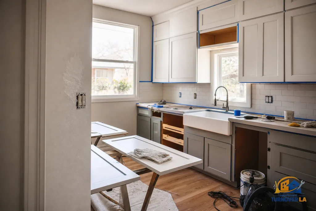 Kitchen cabinet repaint and drywall patch detail during a Pasadena apartment turnover, with sanded doors, taped edges, and textured patch drying