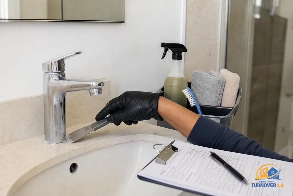 West Hollywood bathroom fixture detail during turnover with tools and a printed cleaning checklist on a clipboard