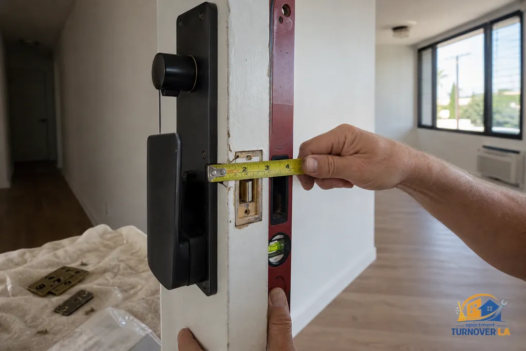 Close-up of smart lock backplate alignment with level and strike plate shims on a mid-century LA apartment door
