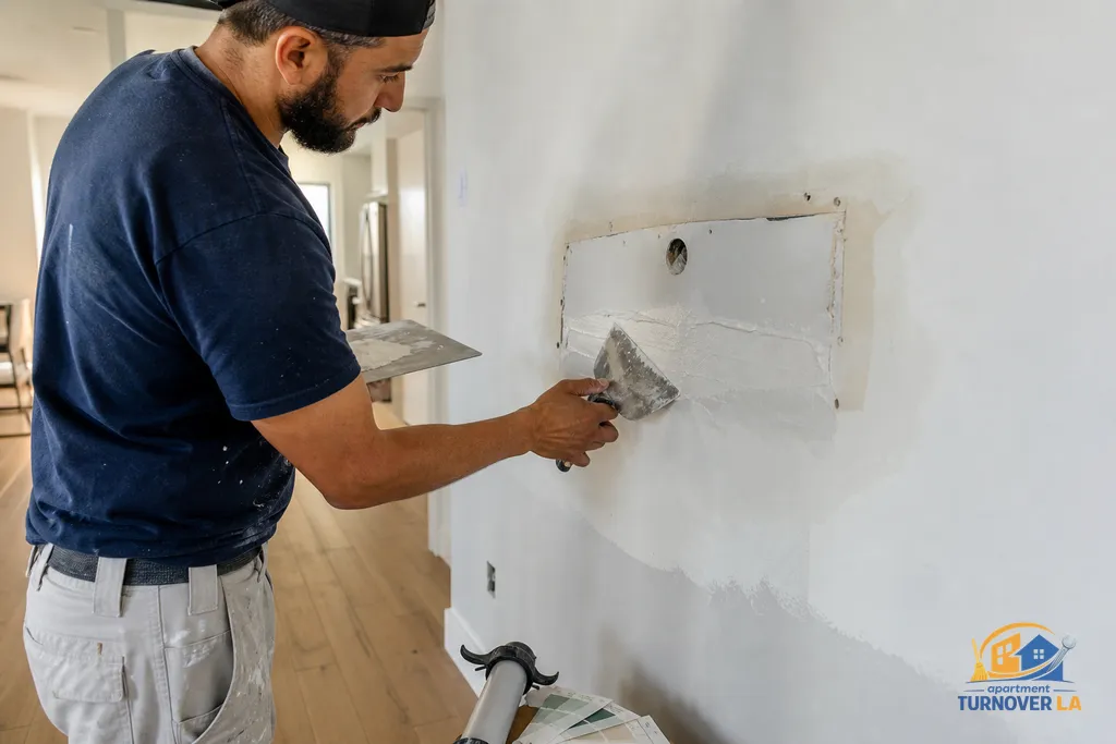 Technician smoothing a medium drywall repair around a former TV mount in a modern Los Angeles unit, tools and texture gear staged nearby