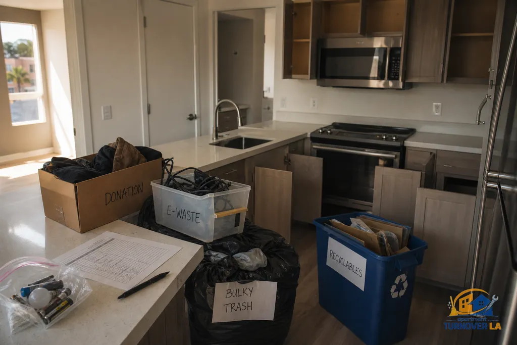 Organized kitchen staging before a junk haul with labeled piles and a turnover checklist in a Los Angeles apartment