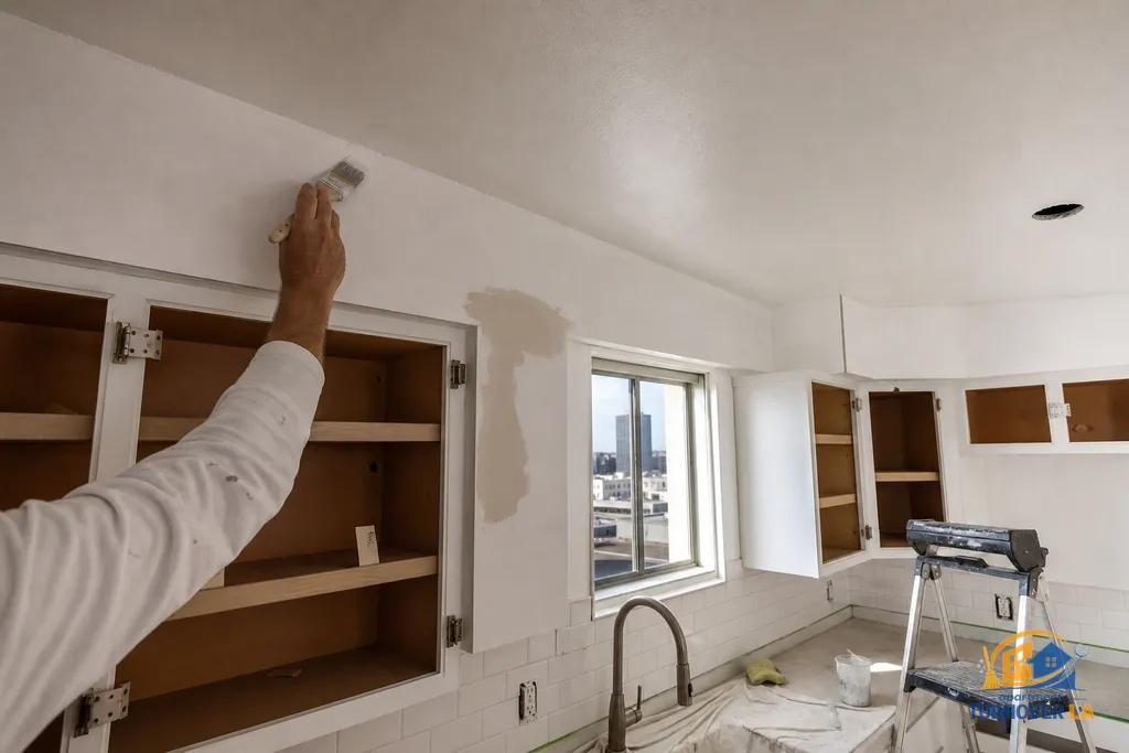 Detail of ceiling cut-in above a small LA kitchen, cabinet doors off, labeled, and a small drywall patch ready for paint