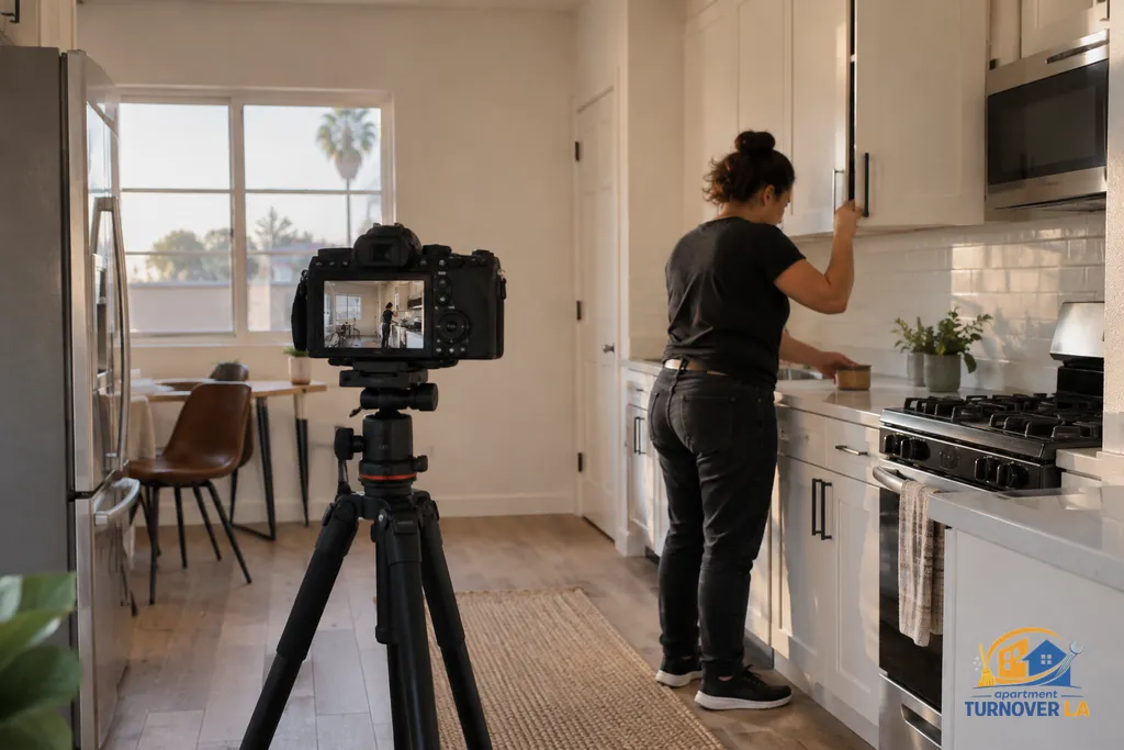 Camera framing a cleaned Los Angeles rental kitchen for apartment listing media